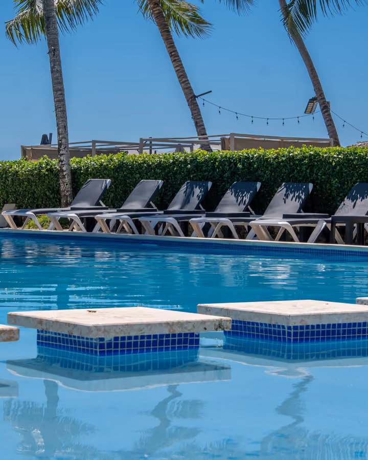 Piscina de Casa Cora con chailones y palmeras